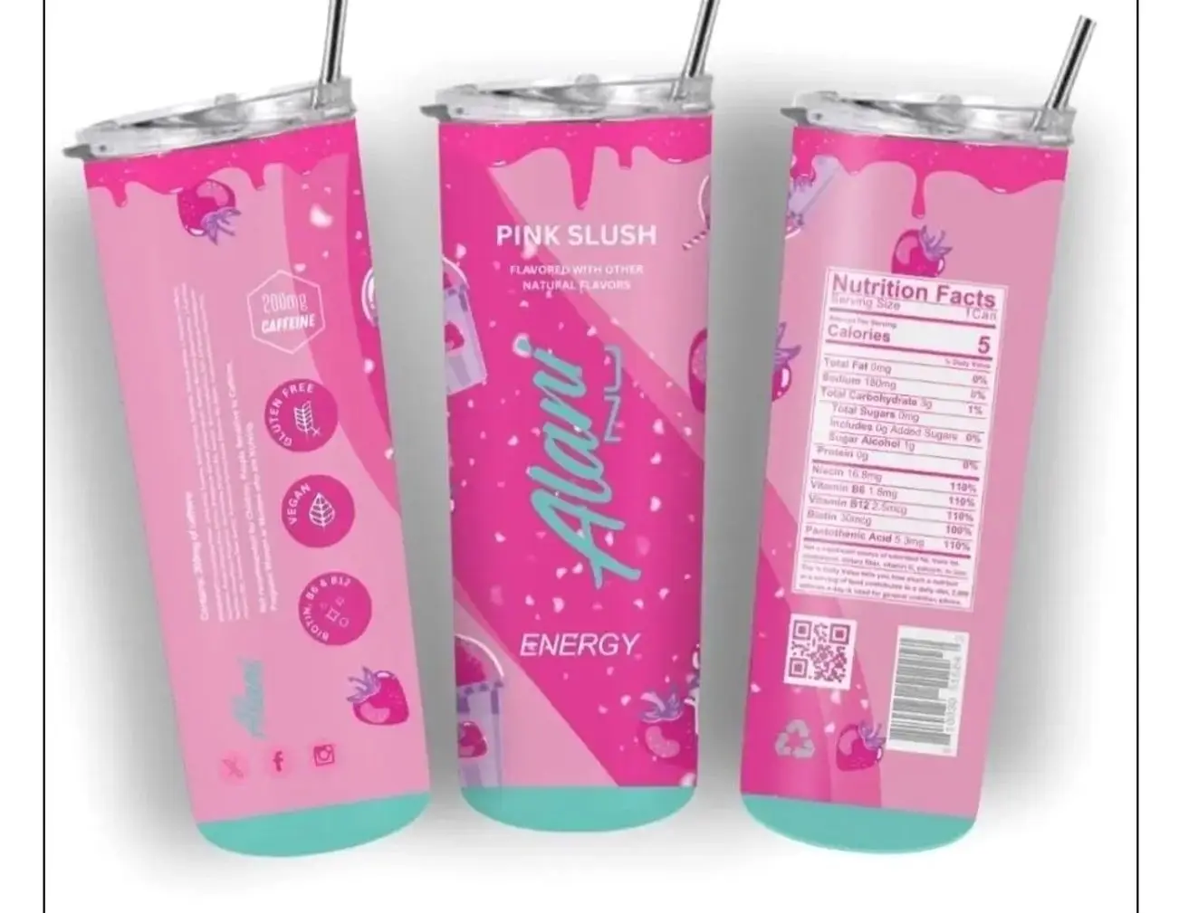 Pink Slush Energy 20oz Tumbler - Vibrant Strawberry Slush Design, 20oz Skinny, Zero Sugar Vibes Drinkware, Bold Pink Slush Theme, Vegan, Non-GMO, Print-Ready Layout