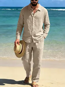 Men's two-piece set, a breathable linen button-down long-sleeved shirt and a linen casual pants. Minimalist seasonal clothing, regular fit, comfortable and casual, a must-have for a fashionable men's wardrobe.