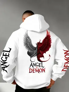 Men's Fall Winter Demon & Angel Print Gothic Style Hoodie, Soft Cotton Fabric, Warm and Comfortable, Casual Wear, Single Layer or Inner Layer