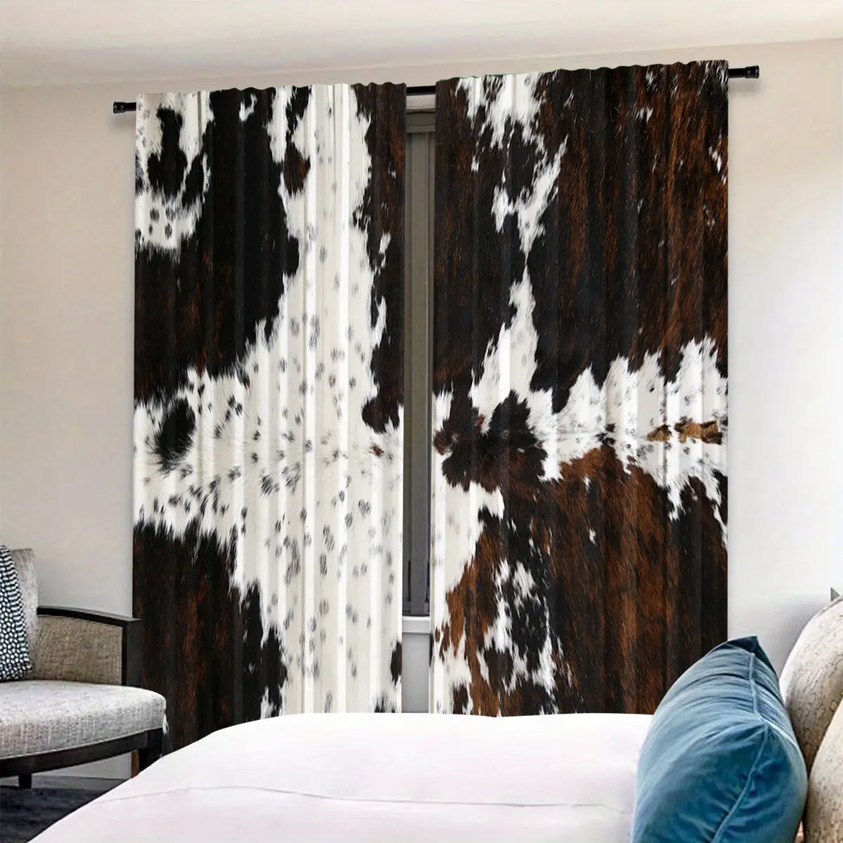 Vintage Natural Style Cow Print Set, 2 Pieces, Home Decoration Curtain, Home Decorative Curtain, Window Drapes, Window Curtains, Perfect for Living Room & Bedroom Decor, Rustic Atmosphere Enhancer, Interior Decoration Accessories
