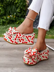 Women's Thick Sole Cherry Bow Sandals, 9cm Heel Summer Fashion, Breathable High Heels, Comfortable All-Day Wear, Back-To-School, Valentine's Day, Wedding Season, Elegant, Fashionable Party Shoes