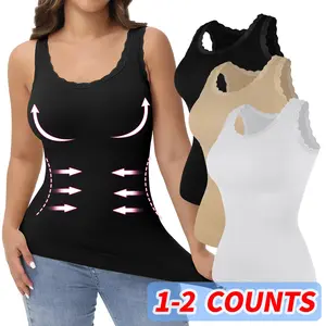 1-2 Counts Women Tummy Control Shapewear Tank Tops Square Neck Compression Tops Body Shaper Lace Camisole, Ladies Body Shaper Camisole White Beige Black Plus Size S-3XL