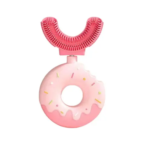 Kids' Donut Cartoon Head Toothbrush with Fluoride Free Toothpaste, Soft Food-Grade Silicone, 360 Degree Cleaning, Dino-Fun Training Tool, Portable Oral Care, Pink, Sensitive Gums Care, Comfortable Grip