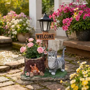 Whimsical ARCH Cat Solar Planter Statue - Resin Construction, Integrated Planter, Solar LED Light, Outdoor Backyard and Front Porch Garden Decor, Backyard Decor, Solar Garden Decor