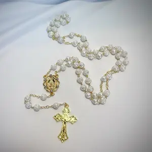Rosebud Pearl Rosary | Pearl Tone Catholic Rosary with Miraculous Medal | Gold Tone Marian Rosary | First Communion Gift