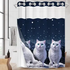 1pc hookless shower curtain with buckle lining, winter white and blue snow scene with three white cats design, 2D flat printing, fabric waterproof lining, see-through window double shower curtain, 71 x 74 inches, modern home curtain decoration.