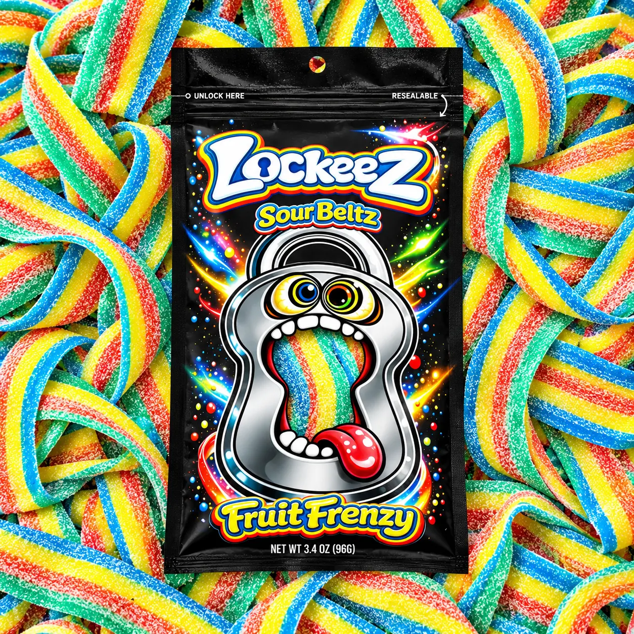 Lockeez Sour Beltz Fruit Frenzy – Gelatin-Free Sour Candy Belts, 3.4 oz Resealable Bag (12 Strips per bag)