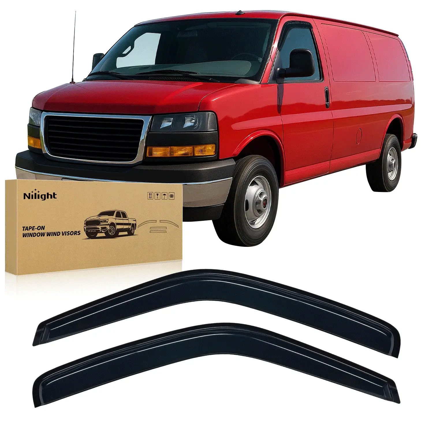 Nilight Acrylic Heat-Bonded Tape-On Side Window Rain Guards - Fog Prevention, Vent Wind Deflectors, Car Accessories for Chevy Express Van 1500 (1996-2014) - 2-Piece Truck Exterior Part