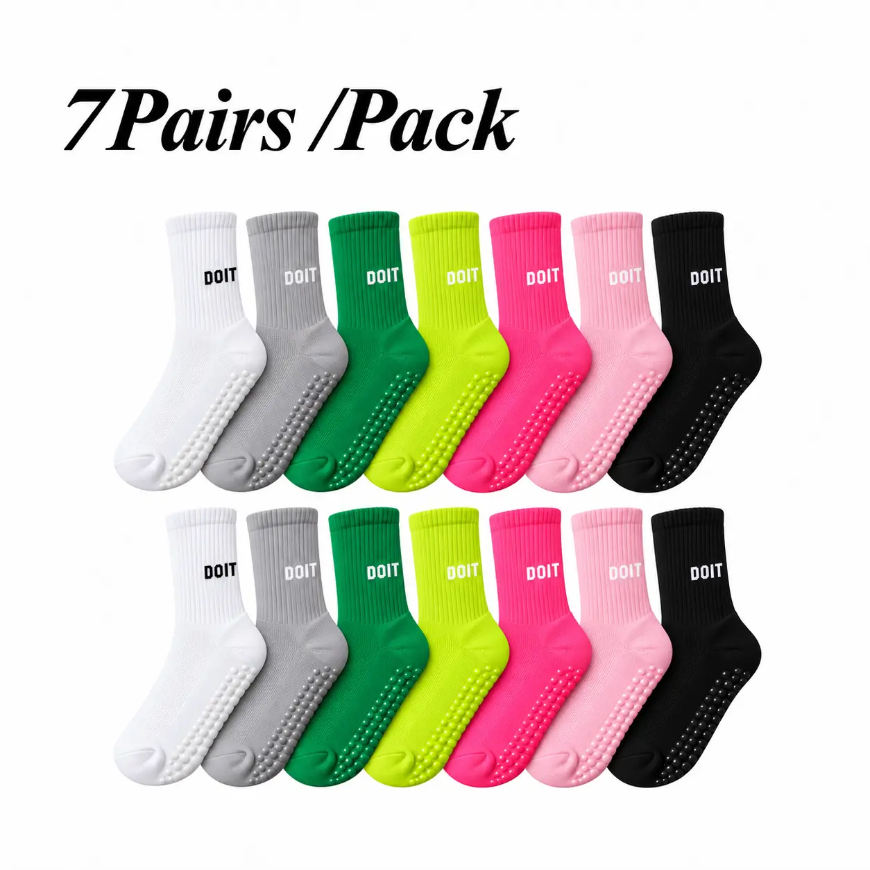 Women's 7-Pair Non-Slip Grip Socks, Breathable Pilates Yoga Barre Crew Socks for Workout, Fitness & Home Use