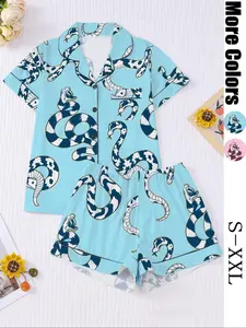 Women's Snake Print Pajama Set, Casual Comfy Short Sleeve Top & Shorts Pajama Set, Ladies Sleepwear for All Seasons, Womenswear, Pjs, Pyjamas, Loungewear