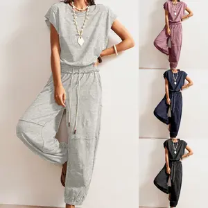 Kingapril Women's Casual Crewneck Short Sleeve Backless Loose Drawstring Romper with Pockets