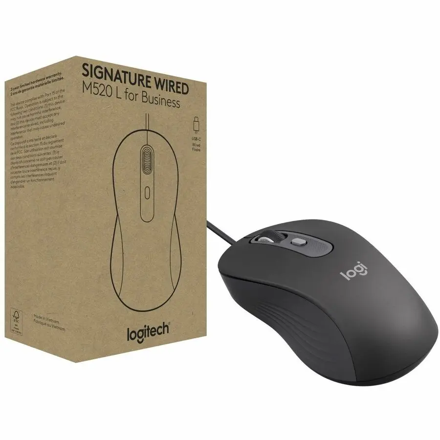 Logitech Signature Wired M520 L, Optical Wired Mouse, USB-C Plug-and-Play