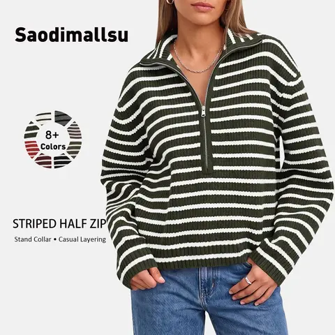 Saodimallsu Women's Striped V-Neck Half-Zip Loose Acrylic Blend Knitting Sweater, Chic Casual Jumper with Comfortable Fabric