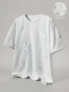 Unisex Star Embroidered Loose Short Sleeve T-Shirt, Breathable Soft Casual Crew Neck Top for Youth, Ideal for Dating School and Everyday Style