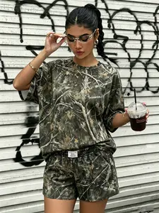 Women's Comfortable Camo Print Loose Short Sleeve T-Shirt & Elastic Waist Shorts Set, Versatile Two-Piece for All Seasons