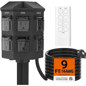 Outdoor Remote Control Power Strip, 9FT Extension Cord ,  Control Outlets, 6 Grounded Outlets for Outdoor Decorations, 14 AWG, 15A/1875W, ETL Listed (9 FT)