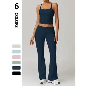 Sporty Two-Piece Set Women's Plain Crop Cami Top & Flare Leg Pants Sports Set, Sporty Casual Comfy Breathable Two-Piece Outfits for Yoga Gym Workout Running