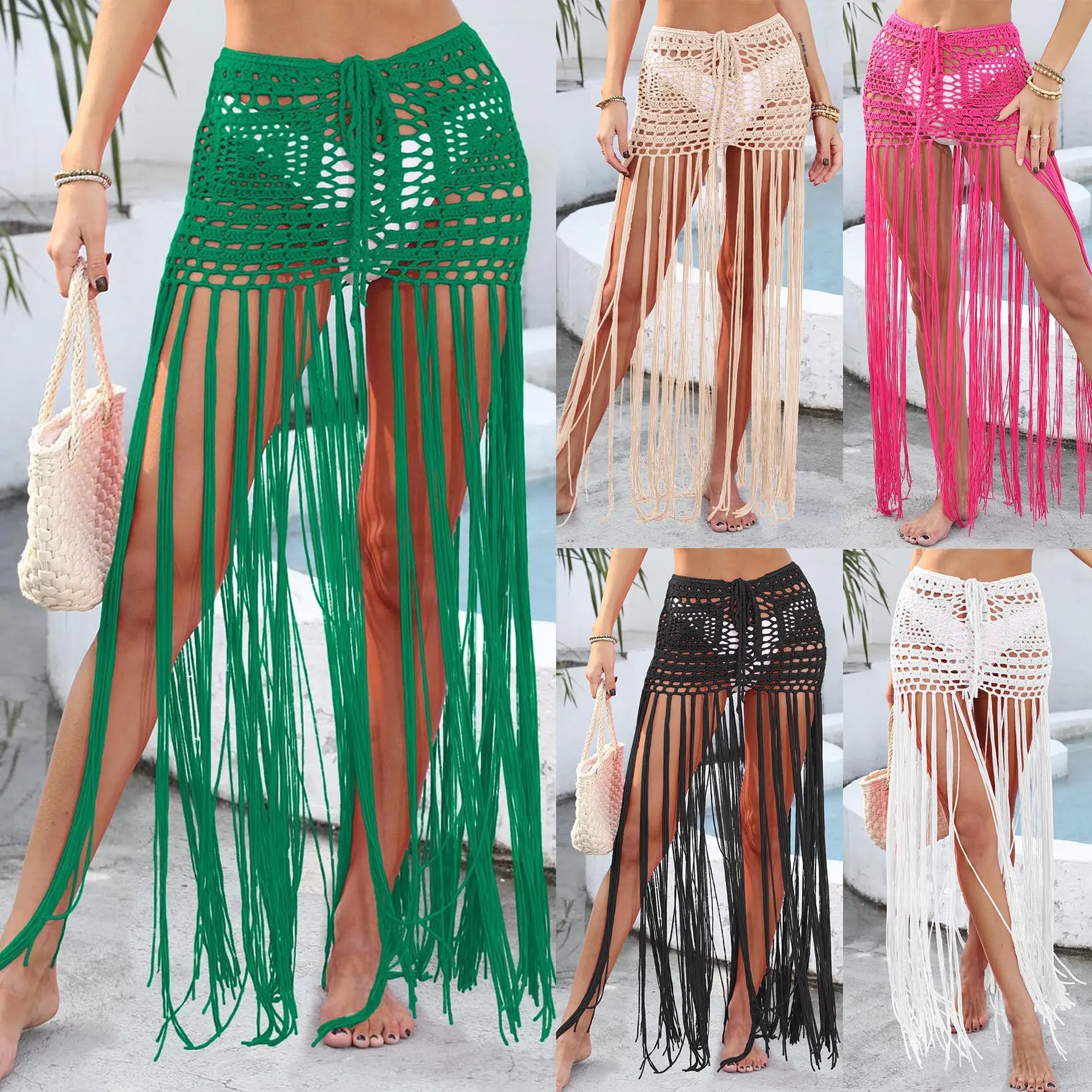 Women's Hand-Crocheted Bottoms Beach Skirt - Patchwork Design, Long Tassels, Adjustable Drawstring, Adjustable Straps, Half-Length