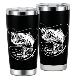 Trendy 20oz Fishing Bass 2D Pattern Stainless Steel Thermos Cup with Lid, Reusable Insulated Drinking Cup for Iced Coffee, Beer, Juice, Milk & Cold Drinks, Fashionable Outdoor Angler Travel Tumbler, Perfect Gift for Fishing Enthusiast Friends