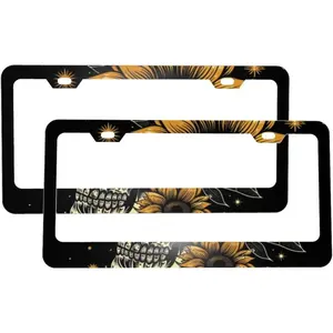 Skull and Sunflower Matte Aluminum License Plate Frame with Black Screw Caps, 2 pcs 2 Holes Black Licenses Plates Frames, Car Licenses Plate Covers Holders for Us Vehicles/Women/Men ﻿