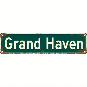 Vintage Aluminum Metal Tin Sign 16x4 Inches - Grand Haven Street Sign with Distressed Lettering & Rustic Green Background, No Electricity Needed, Perfect for Man Cave, Home Bar, Garage Wall Decor - Unique Gift for Men, Outdoor Wall Decor Metal, Retro Sign