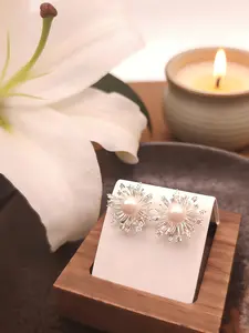 1 Pair Sparkly Sunburst Pearl Earrings - Silver Tone Statement Jewelry for Bridal, Prom, Summer Parties & Anniversary