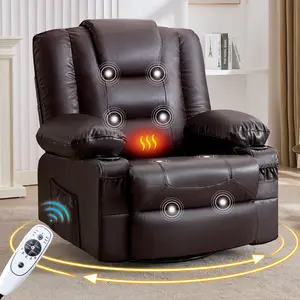 Rocker Recliner Chair with Massage and Heat for Adults, 360°Swivel oversize recliner chair with Cup Holders, USB Charge Port, Side Pockets for Living Room,Nursery,Bedroom,BROWN
