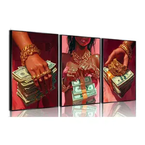 3pcs/set Black Girl Canvas Wall Art Red Black Women Money Wall Decor Pictures Modern Pink Trendy African American Posters Prints for Living Room Bedroom Home Bathroom Wall Decoration Un framed