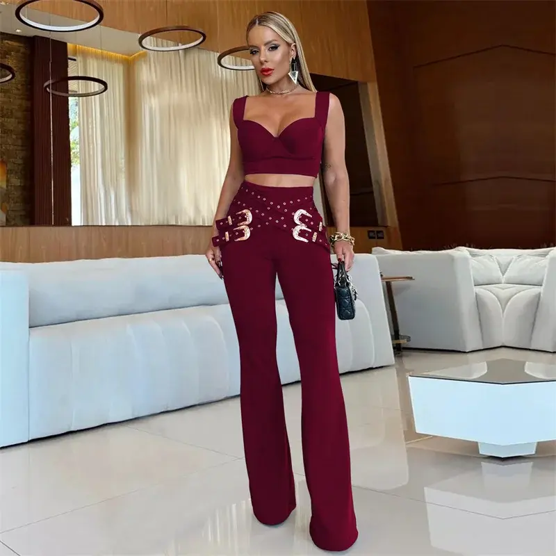 Autumn and winter clothing 2025 new Birthday Outfits Woman Two Piece Set Club Night Party Vest Crop Top and Wide Leg Pants with Belt Matching Sets Ensemble