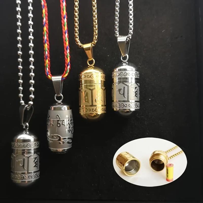 Social Media Aesthetic316 Stainless Steel Om Mani Padme Hum Pendant Necklace - Mantra Bottle Ash Box, Vintage Commemorative Jewelry with Gift Bag and Six-Word Mantra Paper