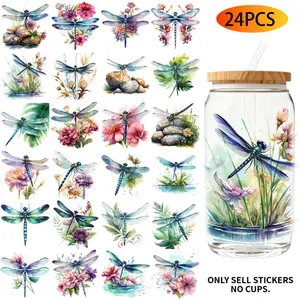 24PCS/SetWatercolor Dragonfly Themed UV DTF 16OZ DIY Transfer Stickers, Decal Sticker, High Adhesion Transfer Paper, Waterproof Vinyl Sticker, High Adhesive Stickers for 16oz Water Bottles, Glass Bottles, Laptops and Home Decoration DIY