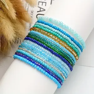 16pcs Boho Chic Glass Bead Bracelet Set - Handcrafted, Vacation & Casual Attire, Blue Series