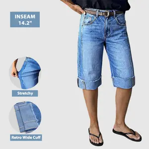 Flamingals Seam Front Roll Raw Hem Mid Rise Denim Bermuda Shorts Womenswear Stretchy 14.2" Inseam Summer Vibes