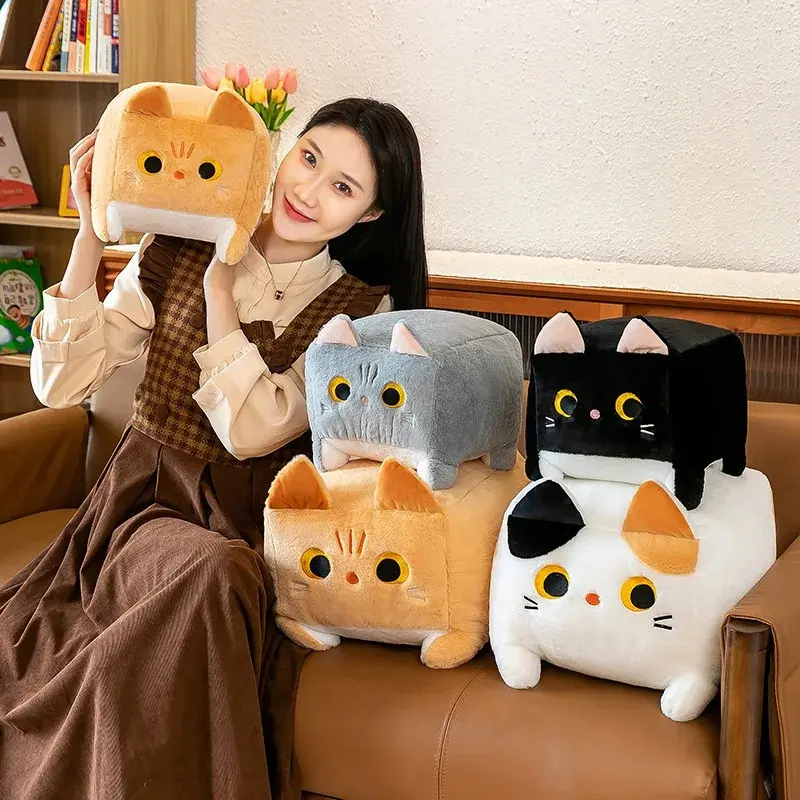 Square Cat Pillow Plush Toy Kitten Animal Plush Fluffy Cushion Soft Doll Cartoon Kawaii Black Cat Decoration Pillow Relaxing Kid,panda,stitch,collectible,Brown,Owl,Squishmallow with Cap,Animated,Grinch,Standing Plush