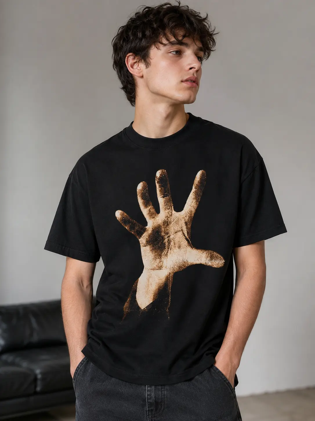 Menswear Round Neck Short-Sleeve Football T-Shirt - Oversized Unisex Harajuku Streetwear, Golden Handprint Palm Art Letter Print, Abstract Graphic Casual Outfit for Men Women