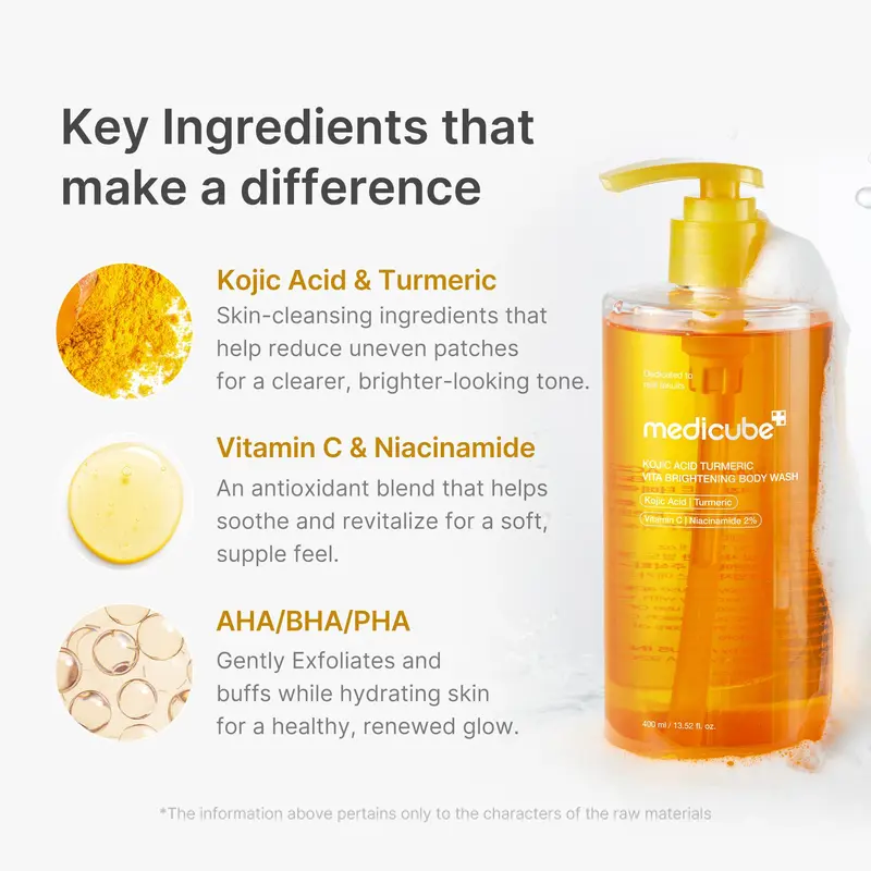 Kojic acid turmeric vitamin C niacinamide AHA BHA body wash ingredients