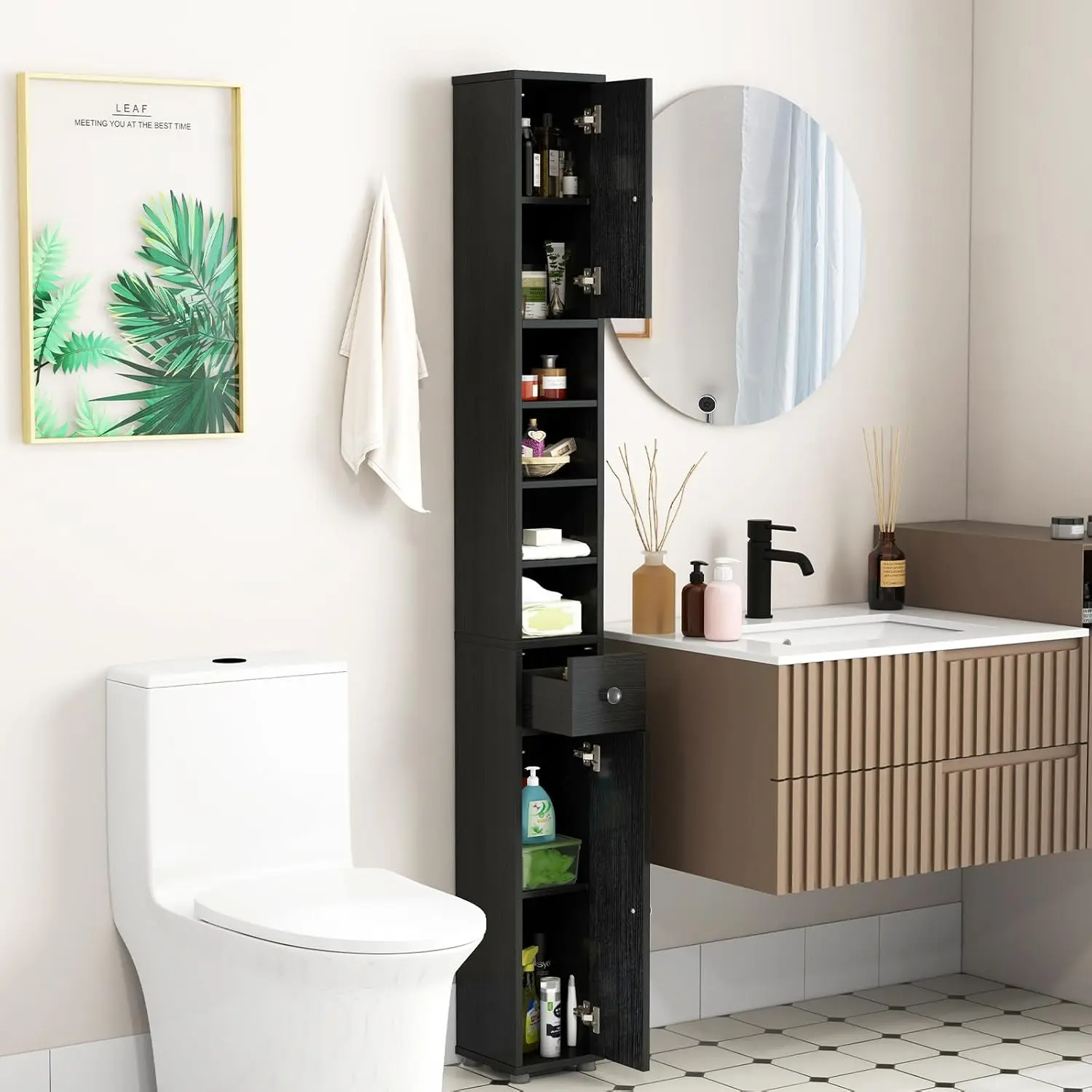 Vallmore 71" Tall Slim Bathroom Storage Cabinet | 8"×8" Footprint, 2 Doors, 1 Drawer, 5 Adjustable Shelves, 110 LB Capacity, Anti-Tip Wall Anchor, Magnetic Catches — Narrow Tower Cabinet for Small Spaces