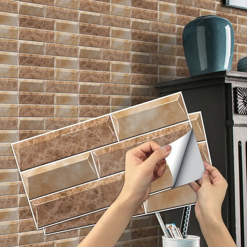 6/12/24/48 Sheets FG Retro Tile Stickers | Thick PVC Crystal Film (Brown Brick Texture) | Peel & Stick Waterproof Oil-Proof Backsplash