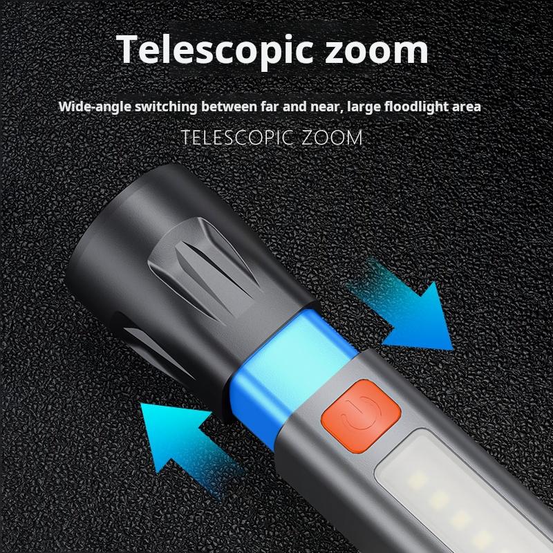 Mini bright LED rechargeable waterproof flashlight with hook, high brightness, with side light, zoomable, ultra-bright handheld flashlight, suitable for emergencies / camping / home / hiking / adventures