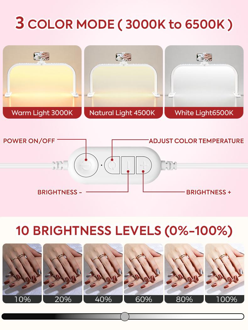 Professional Half Moon Nail Lamp, Foldable 25.6" U-Shaped LED Nail Desk Light With Phone Holder, Dimmable, Adjustable Color Temperature 3000K–6500K