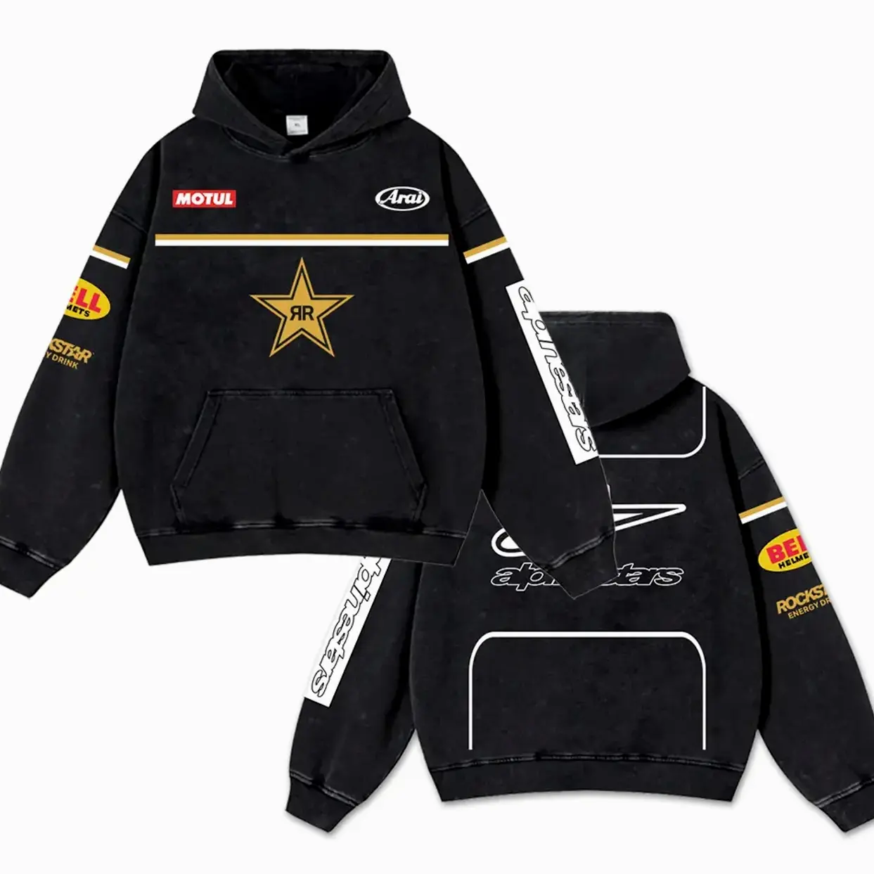 Retro Rockstar Energy Racing Washed Hoodie MotorGP World Champion Enthusiast Apparel Streetwear Racing Team Super Motorsports Clothing Motobike Riders Supermotor Off-Road Dirt Bike Fan Gear Cotton For Motor Fan P9NHW