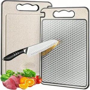 Stainless Steel Cutting Board for Kitchen, Double Sided Non-slip Scratch-resistant Mesh Design with Juice Groove Food-Grade Wheat Straw PP Large Chopping Board Easy to Clean Cooking Cutting Board