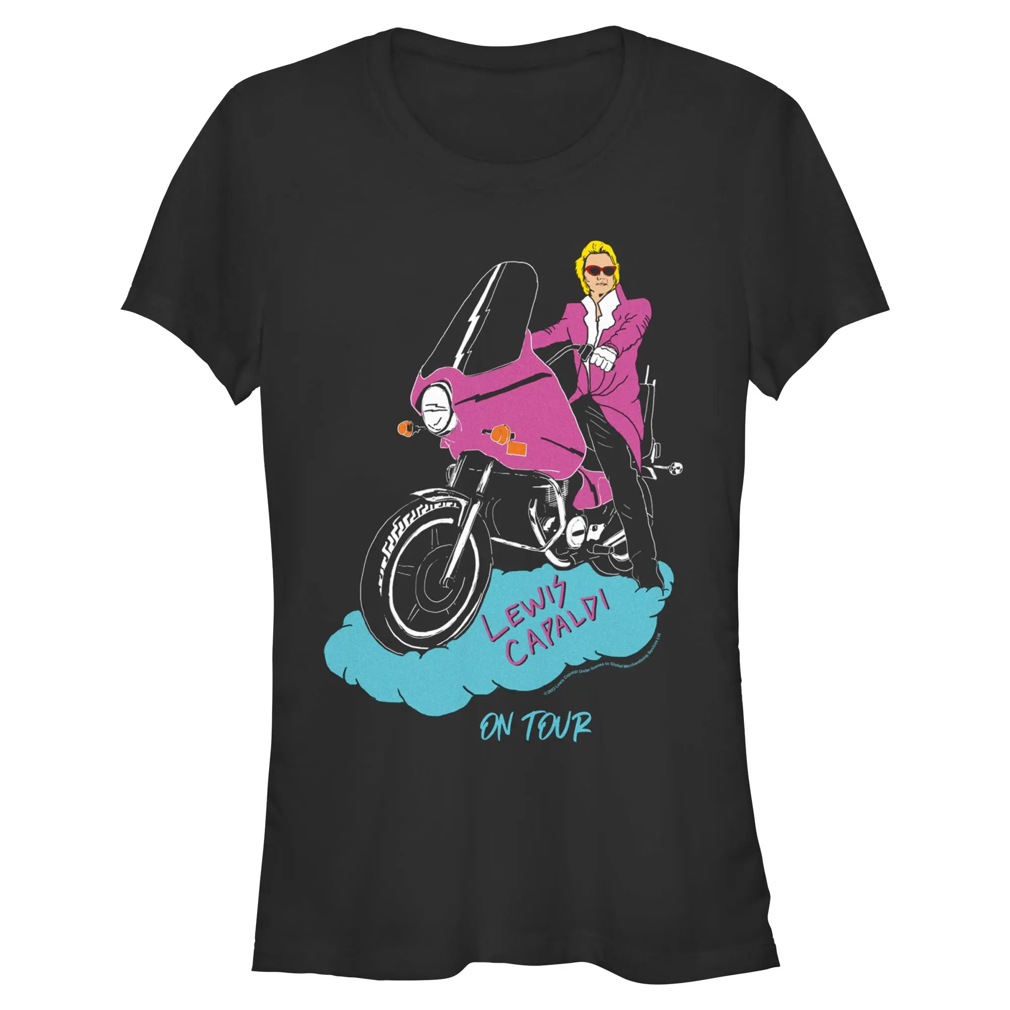 Women's Juniors Printed Round Neck Short-Sleeve Wrap Top - Lewis Capaldi Biker On Tour Graphic T-Shirt