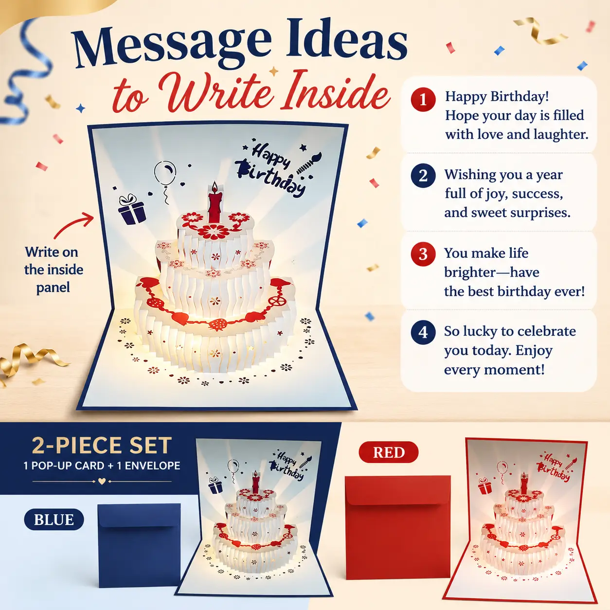 10-Inch 3D Pop-Up Musical Birthday Card with LED Lights, Sings Happy Birthday, Large Cake Greeting Card with Square Envelope, Fun Surprise Birthday Gift for Women, Men, Family & Friends, Blue or Red