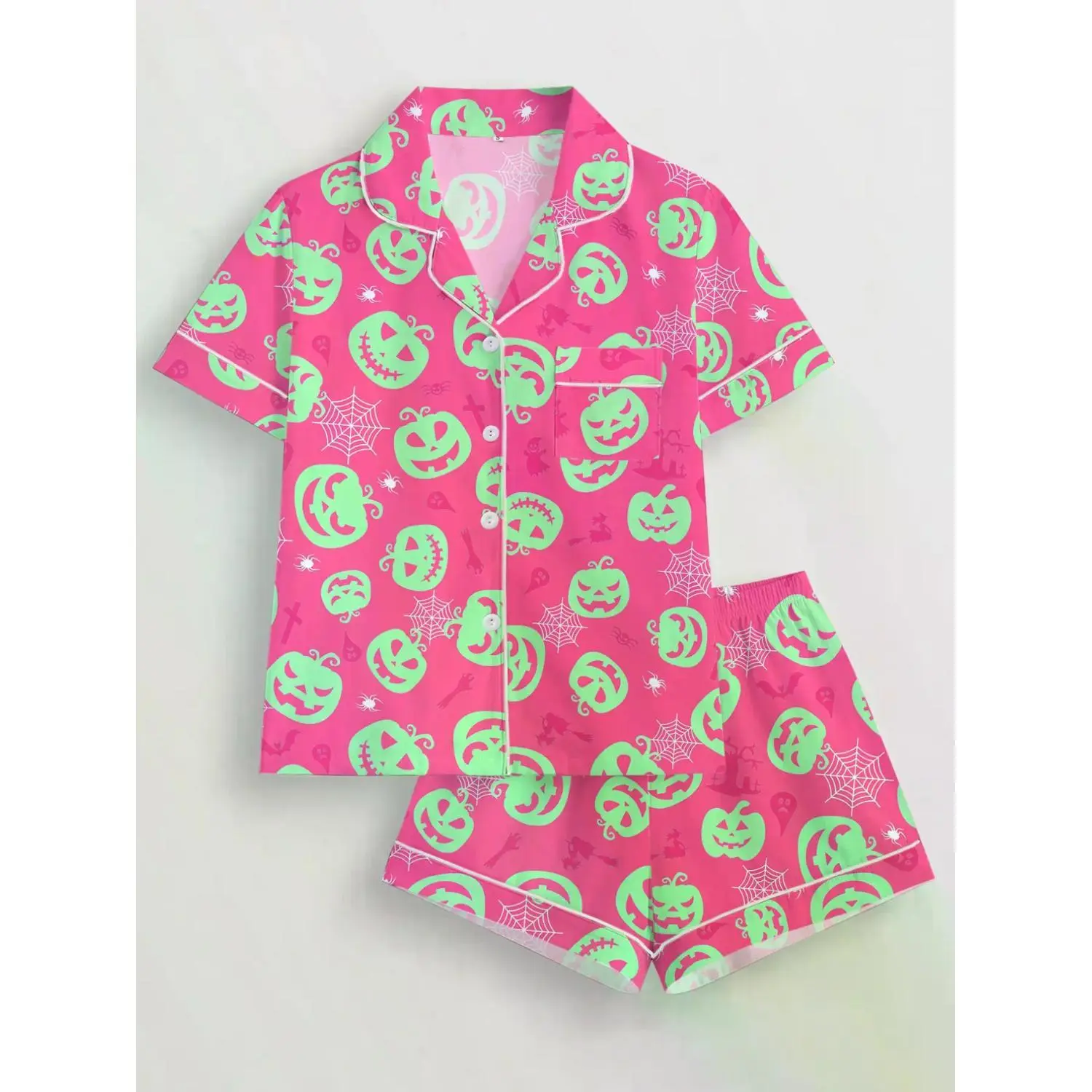 Ladies' Halloween Pumpkin Bat Print Pajama Set - Short Sleeve Top & Elastic Waist Shorts, Soft & Comfortable All-Season Lounge Sleepwear