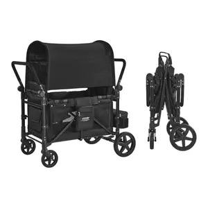 VEVOR Wagon Stroller for 4 Kids, Push Pull Quad Collapsible Stroller with Adjustable Handle, 5 - Point Safety Harness Removable Canopy, 4 - Seater Stroller Wagon for Camping, Black (330LBS Loading)