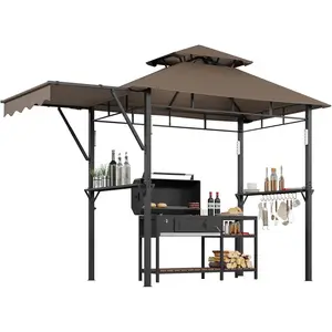 8x5 ft Grill Gazebo, Double Tired Outdoor Patio Canopy Tent with Side Awning Shelves,4 LED Lights,10 Hooks & Bottle Opener,Heavy Duty Steel Frame Grilling Canopy for Patio Backyard Garden Picnic