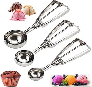 Cookie Scoop Set with Trigger — 3 Sizes Stainless Steel Spring-Release Dough Scoop, Dishwasher Safe
