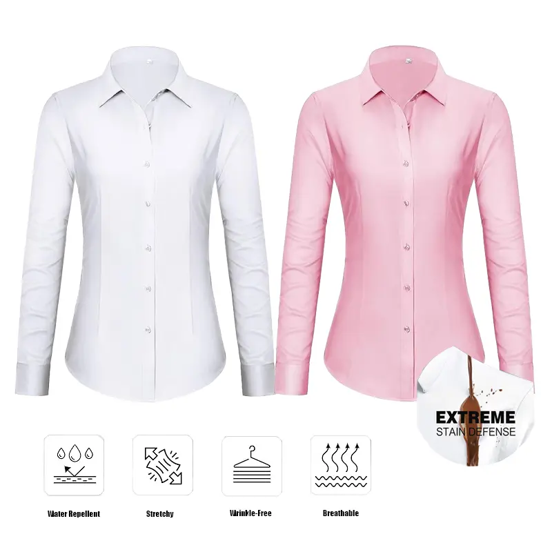 Womens Stain Shield Dress Shirts Wrinkle Free Long Sleeve Solid Tops Blouses Button Down Shirts Casual Wear