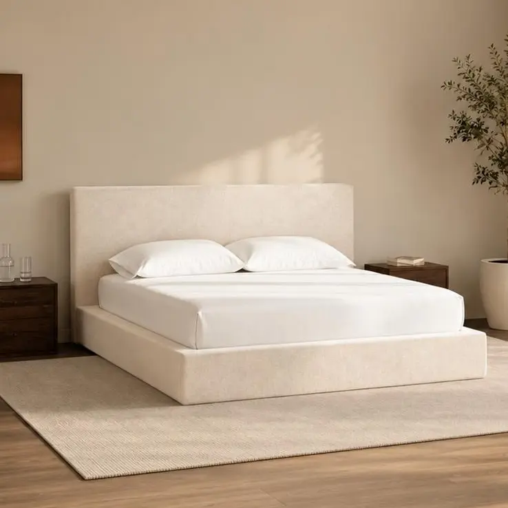 RECCI AirFrame Minimalist Low Profile Chenille Upholstered Metal Platform Bed Frame - Full Size, No Headboard, 5" High-Resiliency Foam Padding, 5" Foam Edge Guard, Sturdy Steel Bedframe, No Box Spring Needed, Easy Assembly, Bedroom Furniture